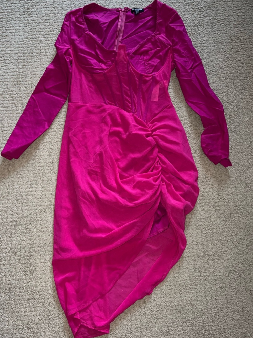 Fashion Nova Hot Pink Long Sleeve Ruched Asymmetric Dress
